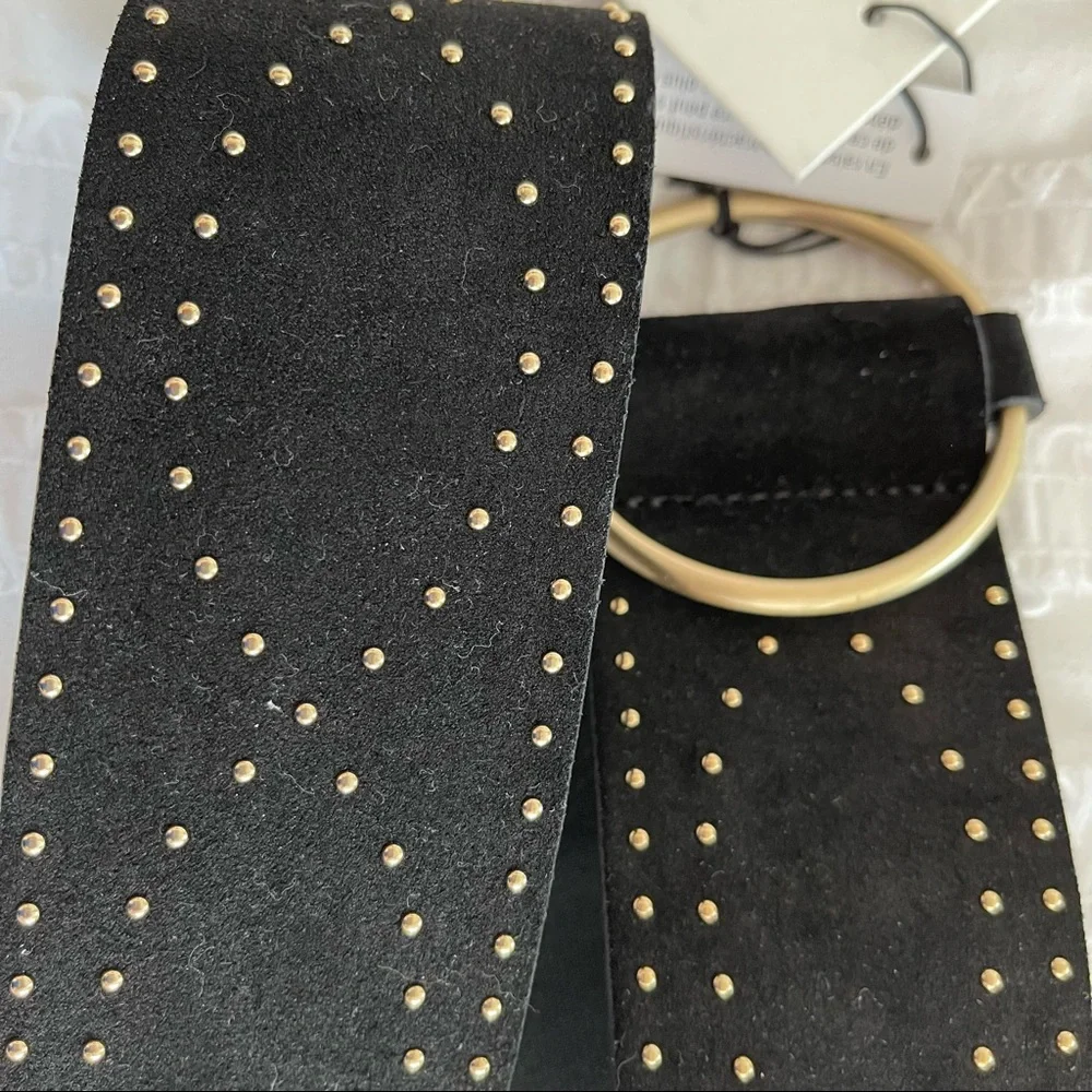 Something Navy Black Studded Suede Belt with Gold Ring